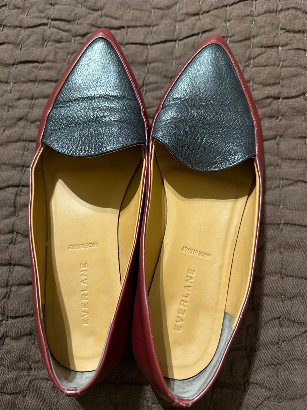 Everlane Two-Tone Burgundy and Black Pointed Leather Flats
